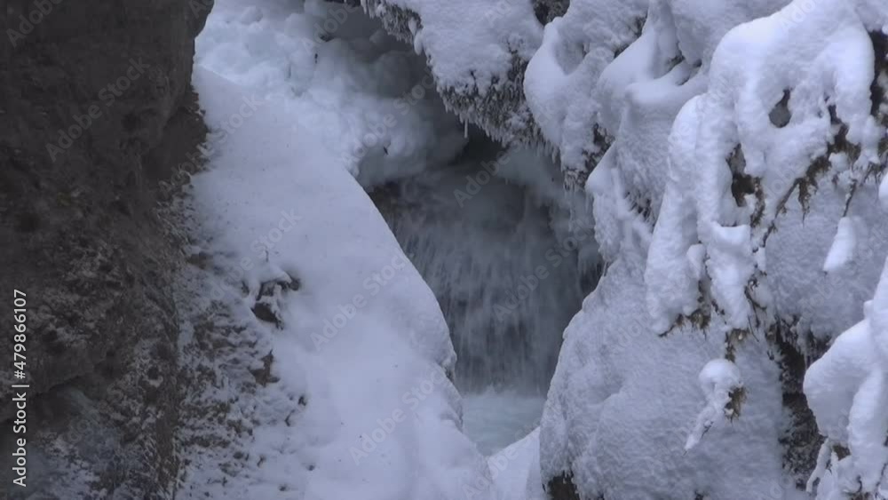 Mountain river jammed with ice, frozen mountain stream, ice and snow near the river, winter weather, winter vacation, winter travel, frozen stream at the exit of the cave, outdoor walk in winter Mountain river jammed with ice, frozen mountain stream, ice and snow near the river, winter weather, winter vacation, winter travel, frozen stream at the exit of the cave, outdoor walk in winter