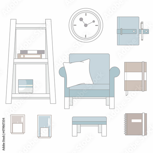 Reading Nook Interior. Set of cute hygge elements, furniture and home decorations