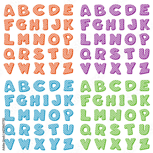 Alphabet, original design in bright orange, purple, turquoise and lime green gingham check patterns. Graphic resources for crafts, back to school, baby albums and scrapbooks.