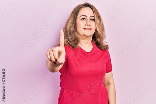 Middle age caucasian woman wearing casual clothes pointing with finger up and angry expression, showing no gesture © Krakenimages.com