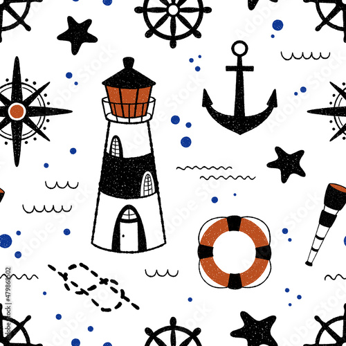 Vector pattern in doodle style with lighthouse anchor spyglass steering wheel with starfish compass nautical knot and lifebuoy on white background. Seamless pattern on marine concept