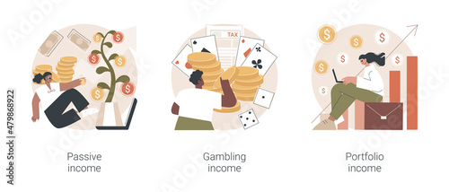 Investing savings abstract concept vector illustration set. Passive income, gambling winning, investment portfolio, dividends and property profit, online casino, cash flow abstract metaphor.
