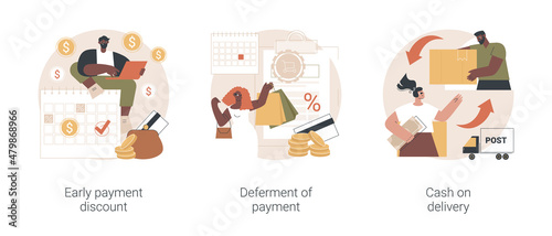 Payment terms abstract concept vector illustration set. Early payment discount, deferment of student loan dept, cash on delivery, credit score, customer loyalty, sales invoice abstract metaphor. photo