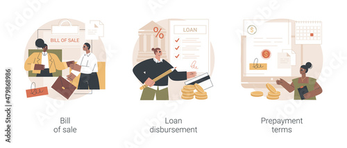 Banking documents abstract concept vector illustration set. Bill of sale, loan disbursement, prepayment terms, credit terms and conditions, payment method, sales contract, deposit abstract metaphor.
