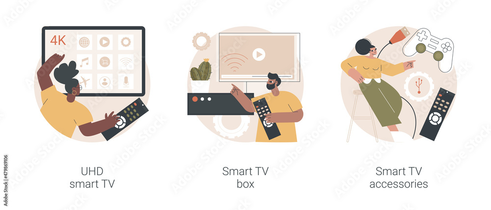 Home cinema abstract concept vector illustration set. UHD smart TV box, smart TV software, application and accessories, interactive entertainment, gaming tools, sound system abstract metaphor.