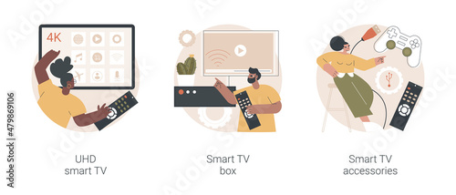 Home cinema abstract concept vector illustration set. UHD smart TV box, smart TV software, application and accessories, interactive entertainment, gaming tools, sound system abstract metaphor.