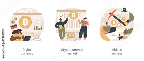 Digital money turnover abstract concept vector illustration set. Digital currency, cryptocurrency market, hidden mining, embed script development, blockchain technology, transaction abstract metaphor.