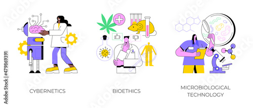 Biological science abstract concept vector illustration set. Cybernetics and bioethics, microbiological technology, robotic industry, medical ethics and biotech research, laboratory abstract metaphor.