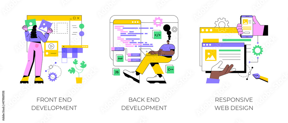 Web development agency abstract concept vector illustration set. Front ...