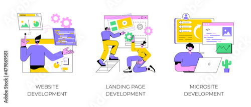 Webpage programming abstract concept vector illustration set. Website, landing page, microsite development, layout, front and back end, design template, menu bar, user experience abstract metaphor.