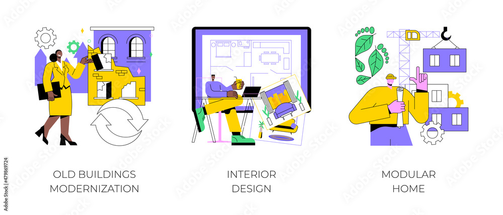 Architecture and building abstract concept vector illustration set. Old buildings modernization, interior design, modular home, design studio, house decoration, green construction abstract metaphor. Architecture and building abstract concept vector illustration set. Old buildings modernization, interior design, modular home, design studio, house decoration, green construction abstract metaphor.