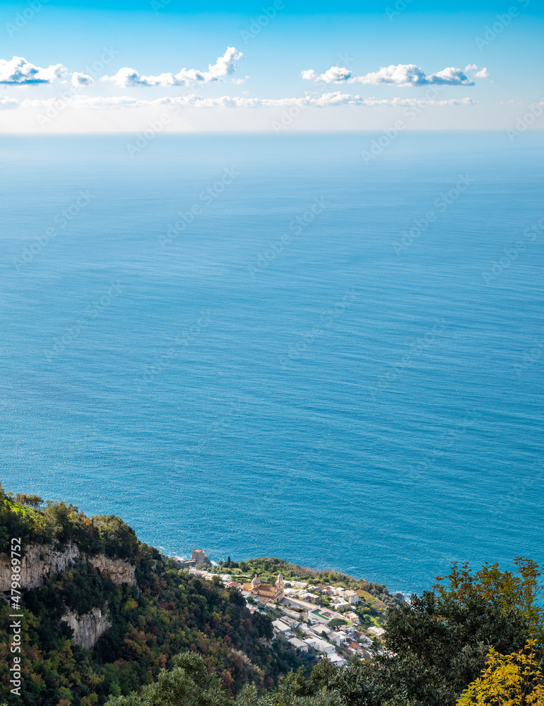 The Italian village of Praiano, seen from above, from the Path of the Gods (Sentiero degli Dei
