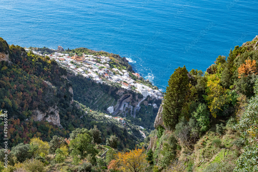 The Italian village of Praiano, seen from above, from the Path of the Gods (Sentiero degli Dei