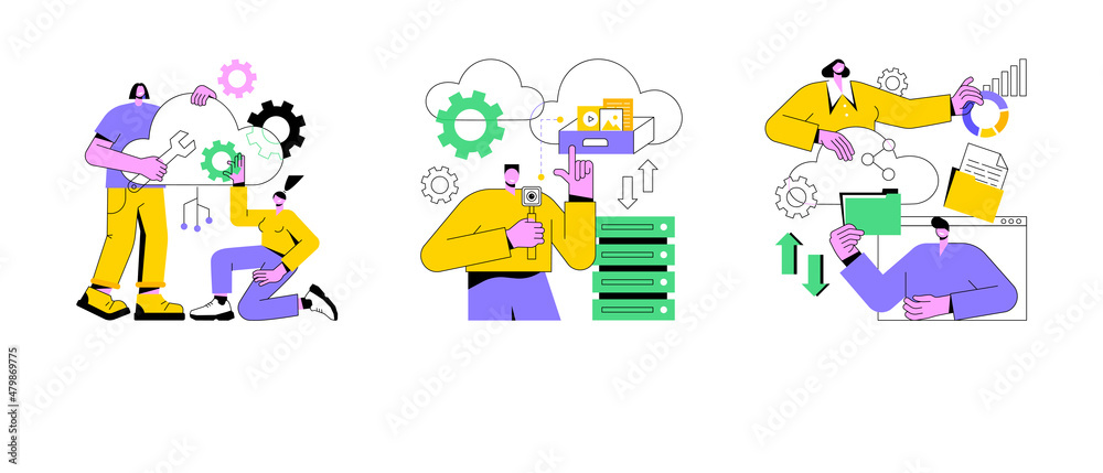 Cloud-based computing abstract concept vector illustration set. Cloud engineering, storage and collaboration, hosted data storage, database security, remote business solutions abstract metaphor. Cloud-based computing abstract concept vector illustration set. Cloud engineering, storage and collaboration, hosted data storage, database security, remote business solutions abstract metaphor.