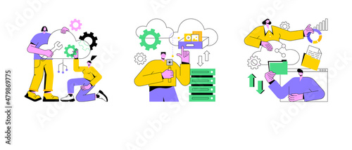 Cloud-based computing abstract concept vector illustration set. Cloud engineering, storage and collaboration, hosted data storage, database security, remote business solutions abstract metaphor.