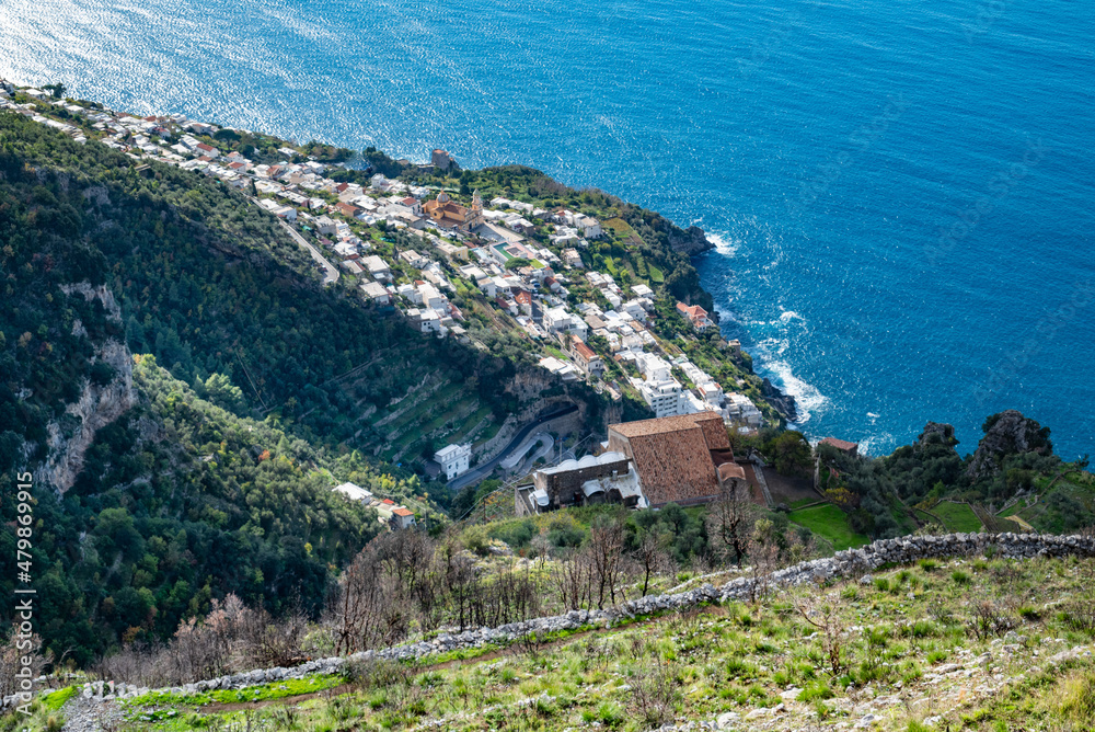 The Italian village of Praiano, seen from above, from the Path of the Gods (Sentiero degli Dei