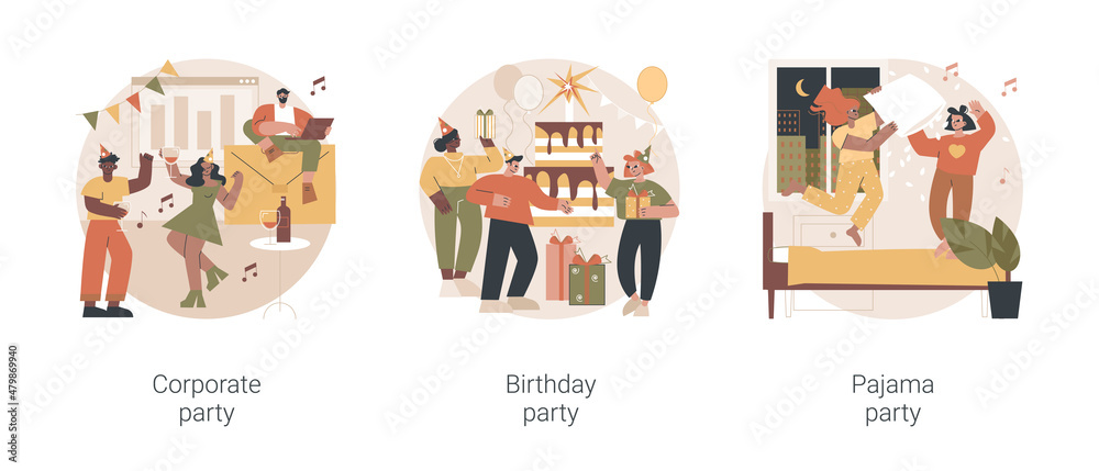 Celebration event abstract concept vector illustration set. Corporate and Birthday party, pajama night, friends sleepover, greeting card, kids having fun, team building, decoration abstract metaphor. Celebration event abstract concept vector illustration set. Corporate and Birthday party, pajama night, friends sleepover, greeting card, kids having fun, team building, decoration abstract metaphor.