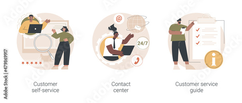 User support abstract concept vector illustration set. Customer self-service, contact center, customer service guide, online assistance, relationship management, training manual abstract metaphor.