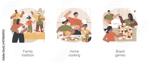 Gathering together abstract concept vector illustration set. Family tradition, home cooking, board games, home party, food recipes, fun activity idea, traditional meal, celebration abstract metaphor.