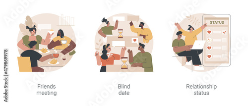 Social interactions abstract concept vector illustration set. Friends meeting, blind date, relationship status, leisure time, speed dating, first impression, soul mate, together abstract metaphor.