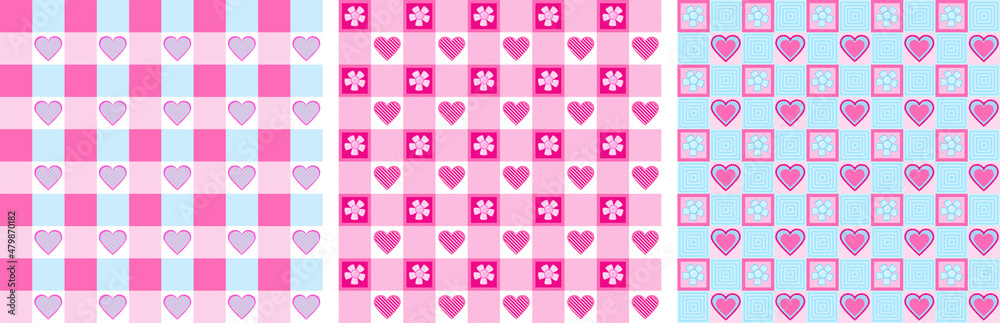 Seamless pattern with cute love hearts and flowers in plaid background isolated on white. Endless pattern for Valentines day, Easter, wrapping paper, gifts, cover or other use. Vector illustration set Seamless pattern with cute love hearts and flowers in plaid background isolated on white. Endless pattern for Valentines day, Easter, wrapping paper, gifts, cover or other use. Vector illustration set