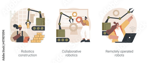 Automotive machine work abstract concept vector illustration set. Robotics construction, collaborative artificial intelligence, remotely operated robots, cloud robotics, automation abstract metaphor.