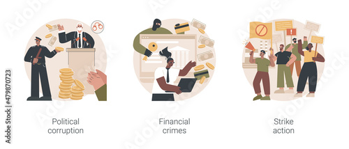 Scandal news abstract concept vector illustration set. Political corruption, financial crimes, strike action, labor union stop working, bribery and tax offense, investment scam abstract metaphor.