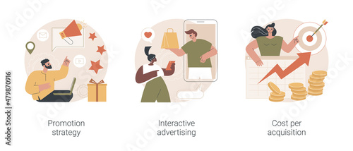 Online product promotion abstract concept vector illustration set. Promotion strategy, interactive advertising, cost per acquisition, customer loyalty, target audience, brand sales abstract metaphor.