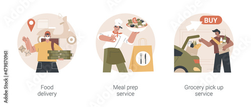 Quarantine food essentials supply abstract concept vector illustration set. Food delivery, meal prep service, grocery pick up service, product shipping during coronavirus pandemic abstract metaphor.