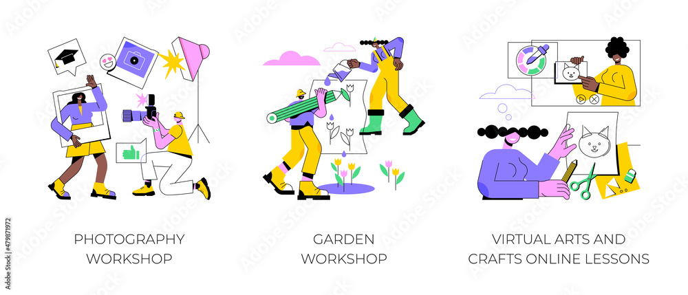 Free educational courses abstract concept vector illustration set. Photography and garden workshop, virtual arts and crafts online lessons, improve skills, creative lab, DIY abstract metaphor.
