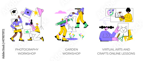 Free educational courses abstract concept vector illustration set. Photography and garden workshop  virtual arts and crafts online lessons  improve skills  creative lab  DIY abstract metaphor.