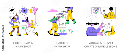 Free educational courses abstract concept vector illustration set. Photography and garden workshop, virtual arts and crafts online lessons, improve skills, creative lab, DIY abstract metaphor.
