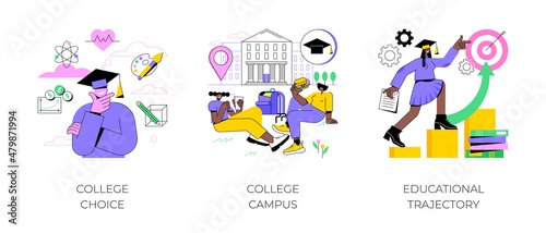 Student life abstract concept vector illustration set. College choice, college campus, educational trajectory, assessment test, graduation, campus tour, university events, library abstract metaphor.