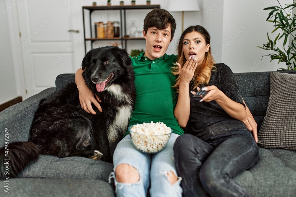 Young caucasian couple watching movie sitting on the sofa with dog at home. Young caucasian couple watching movie sitting on the sofa with dog at home.