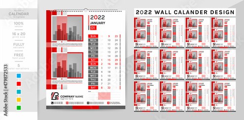 Wall calendar and planner diary template for the year 2022. This creative elegant calendar is a must for your home and office. 2 theme colorwork, black, and others. The 12-page week begins on Sunday.