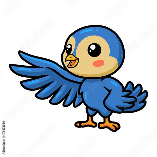 Cute little blue bird cartoon waving hand