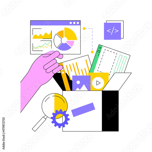 Packaged software abstract concept vector illustration. Multiple applications, video and audio editing software, computer user, free download, business implementation, teamwork abstract metaphor.