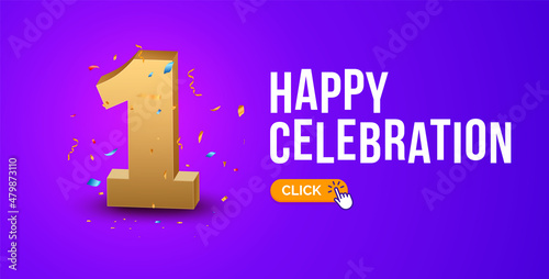 Anniversary birthday 1 year golden background. Happy vector poster anniversary confetti celebration poster