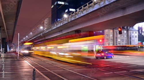 Modern tram in motion blur, city public transportation