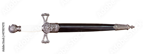 Canvastavla Medieval retro engraved knife in scabbard on a white background