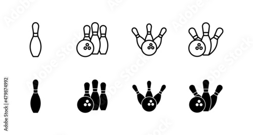 Bowling icons set. bowling ball and pin sign and symbol.