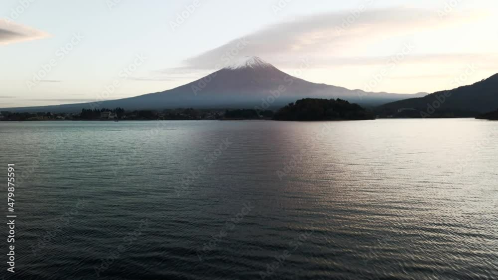 Tilt Up Aerial Above Lake Establishing Mount Fuji Volcano Snowy Summit Tilt Up Aerial Above Lake Establishing Mount Fuji Volcano Snowy Summit