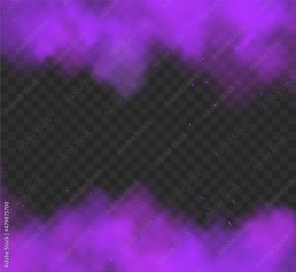 Smoke purple fog background effect. Vector purple cloud black smoke gas