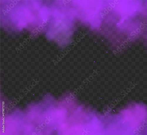 Smoke purple fog background effect. Vector purple cloud black smoke gas magic illustration