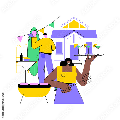 Garden party decoration abstract concept vector illustration. Outdoor party ideas, floral table decoration, dining space, landscape designer, backyard lighting, fairy lights abstract metaphor.
