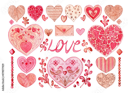 Set of pink and beige hearts, branches, leaves on a white background. Ideal for wrapping paper, scrapbooking, crafts, wedding and etc.