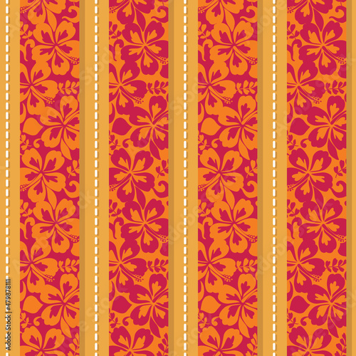 Stylized Hibiscus Stripe repeat vector pattern. Vertical