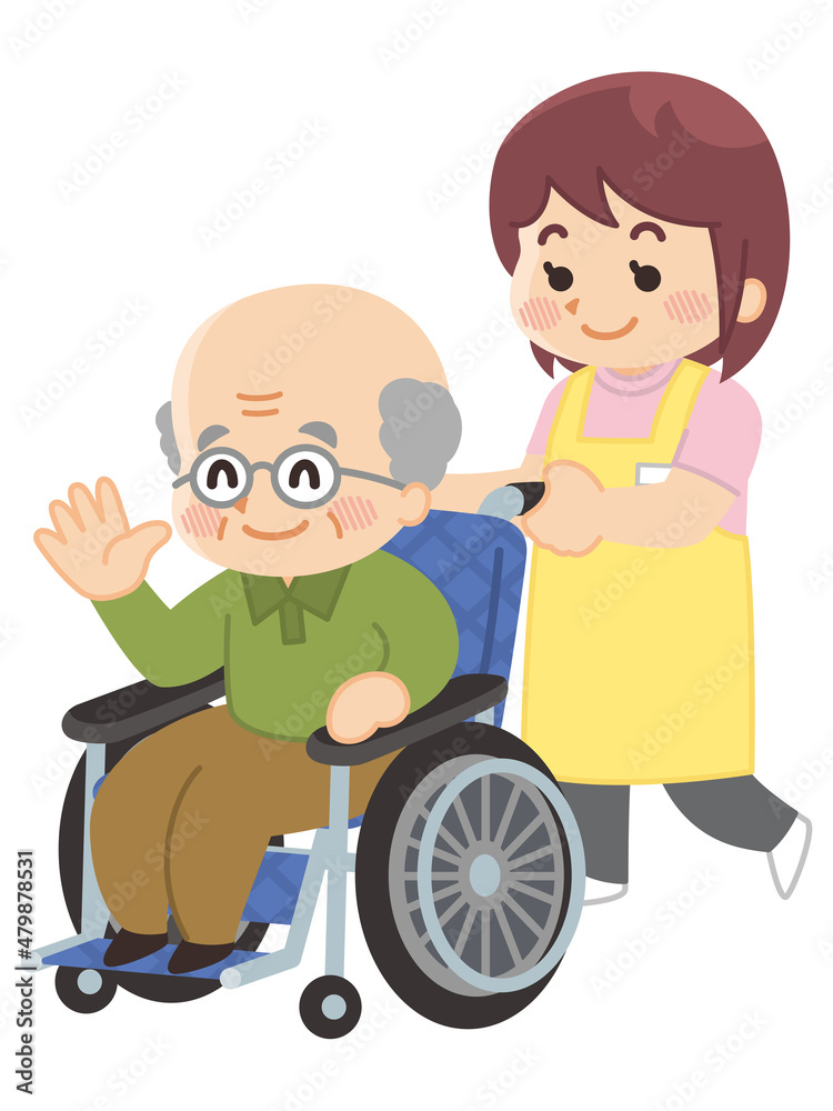 介護士の女性と車椅子の高齢男性