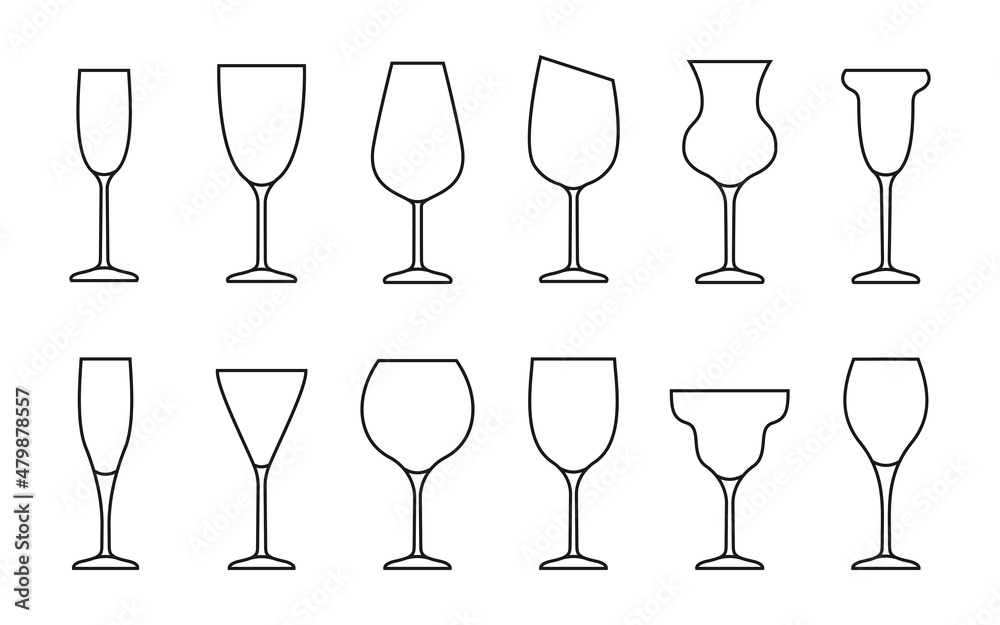 Wine glass thin line outline contour icon set in flat style. Sign object for mobile app and website. Bar symbol, logo for company or store. Simple concept, design alcohol element. Vector illustration