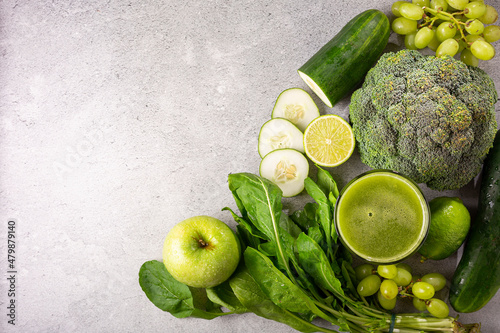Healthy detox smoothie with cucumber, broccoli, green apple, kale and green grapes. Detox drink. © WS Studio